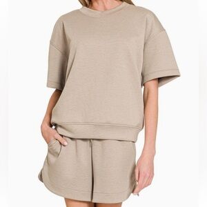 Scuba Round NeckTop & Dolphin Short Set - Ash Mocha